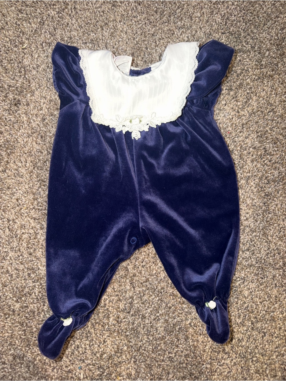 Rose Cottage Size Preemie Navy Velvet Footed One-Piece Lace Collar Outfit